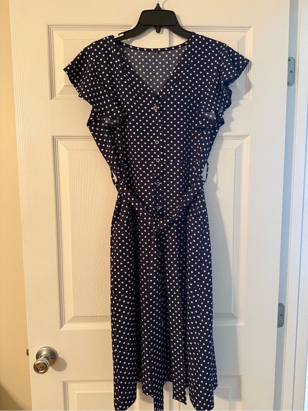 Navy Polka Dot Midi Dress with Button Front and Waist Tie